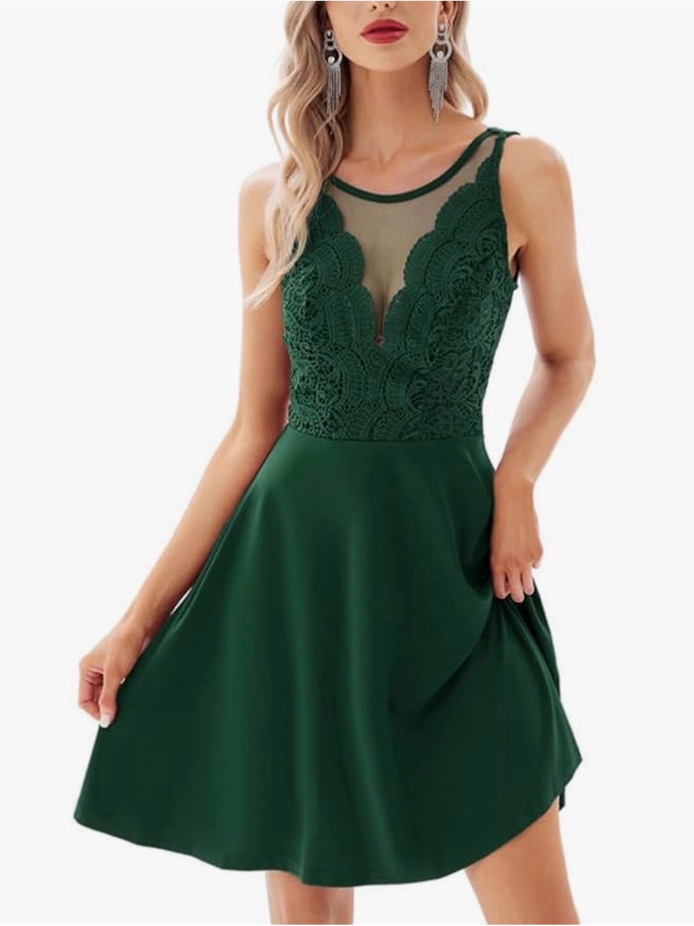 Grace Karin Emerald Green Lace Illusion Neck Mini Dress